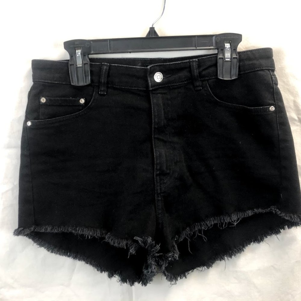 Zara Black Denim High Rise Shorts Raw Hem Booty
